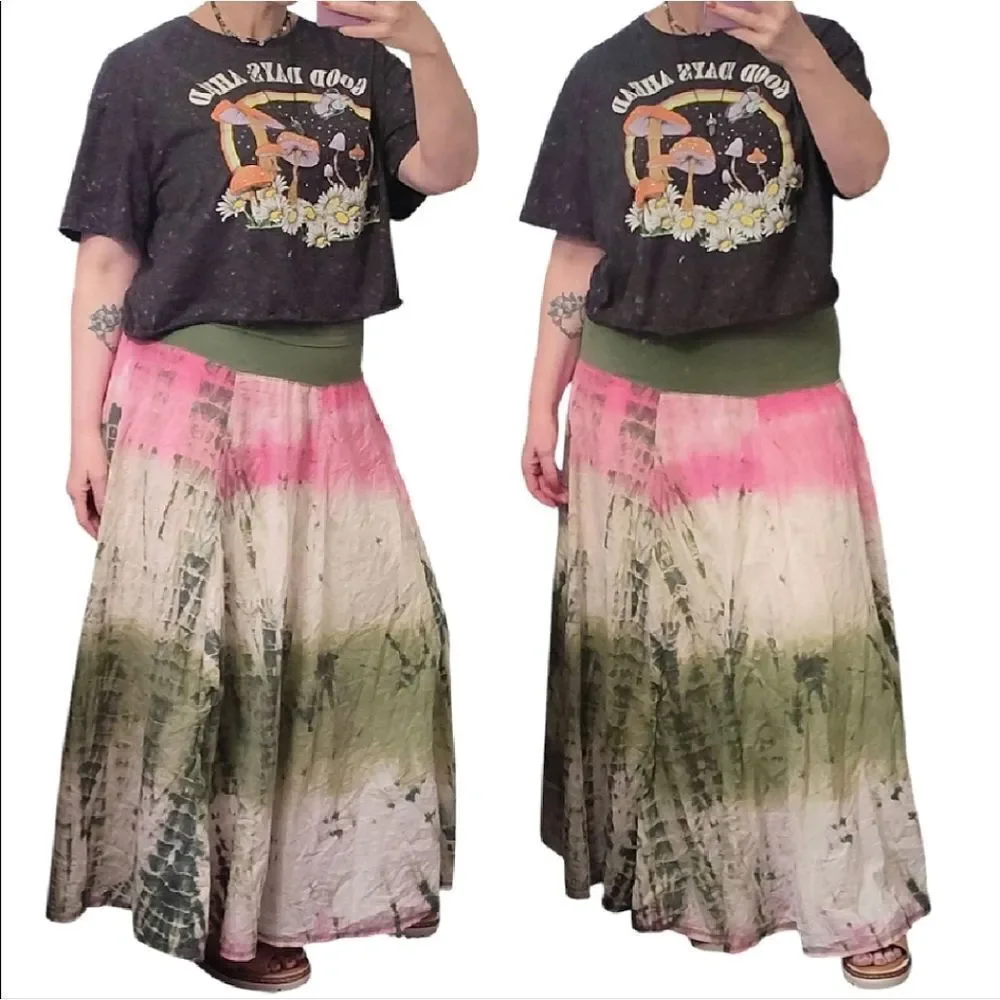 VTG Y2K Green Pink Tie Dye Fold Over Fairycore Gypsy Midi Skirt *Fits Like Large - Picture 6 of 9